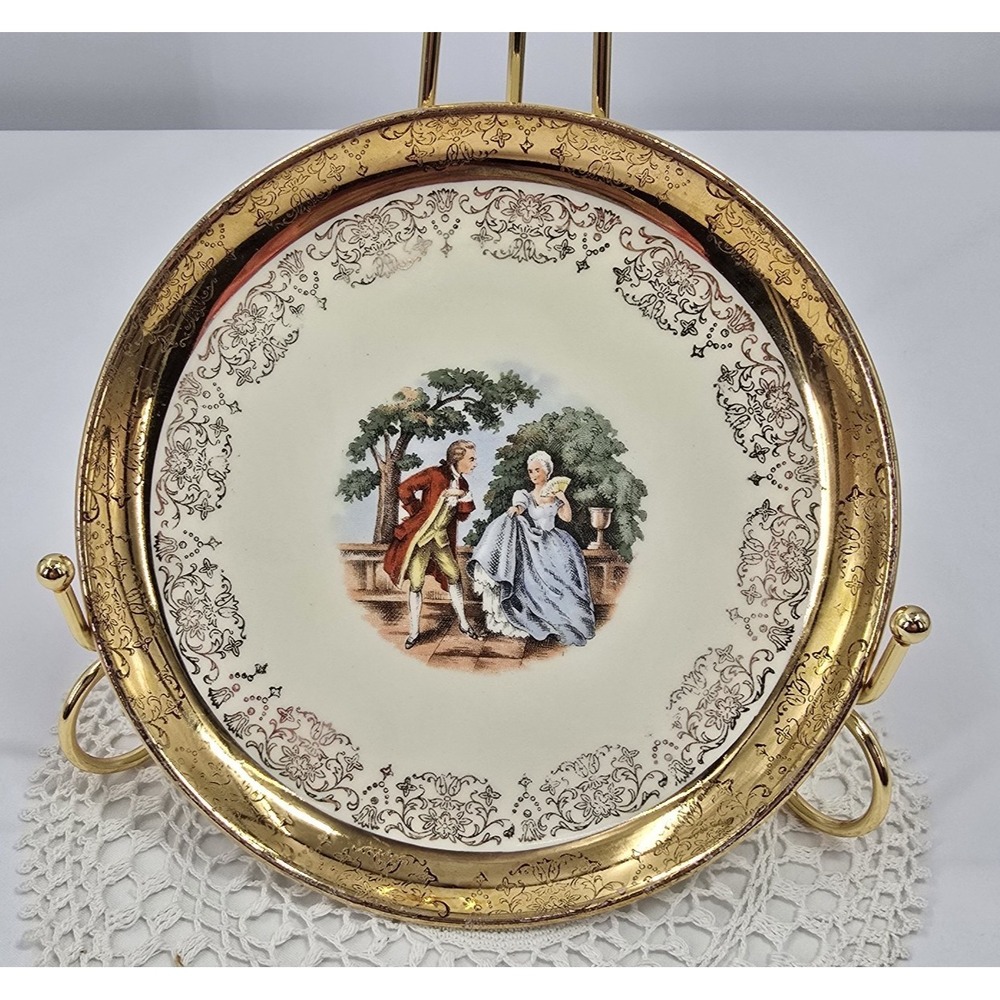Vintage Crest O Gold Sabin Bread Plate 6.25" Warranted 22K 1930s Courting Couple